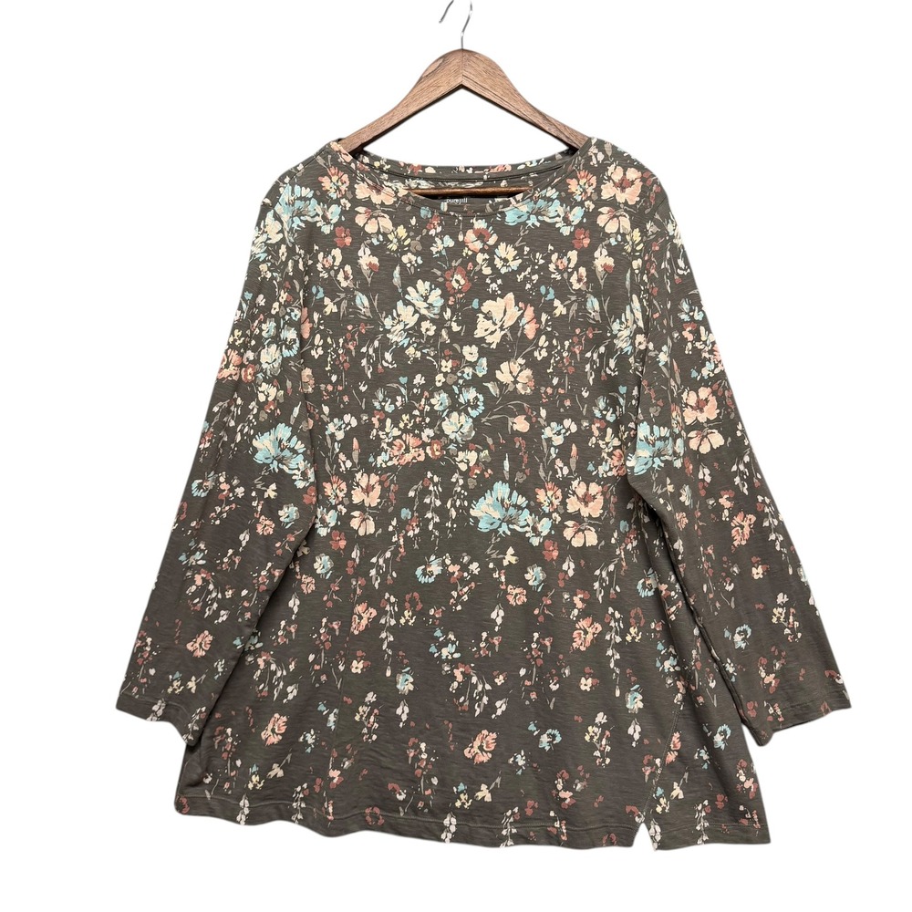 Pure Jill Tunic Top Women 2X Floral Organic Cotton Long Sleeve Cottagecore Boho